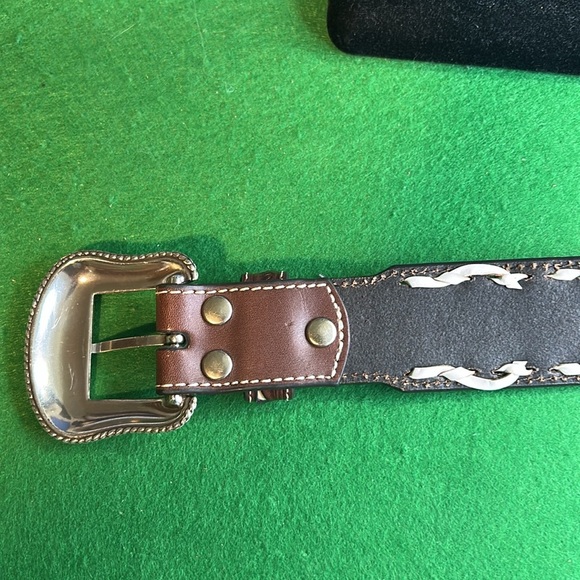 NOCONA BELT CO. LACING EMBOSSED FLORAL CONTRAST WESTERN MENS BELT SZ 32 - Picture 4 of 14